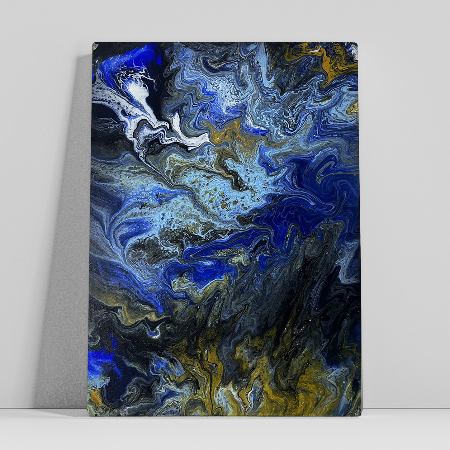 Dutch pour Vertical abstract fluid art painting titled 'Payanam' (Journey), featuring intricate patterns of dark blue, light blue, gold, white, and black flowing colours.